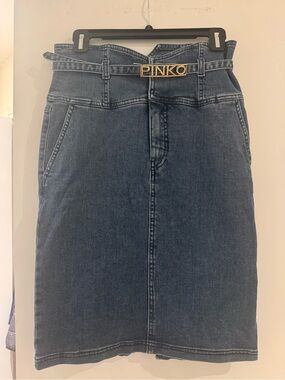 Pinko Blue Denim Pencil Skirt with Logo Belt Accent